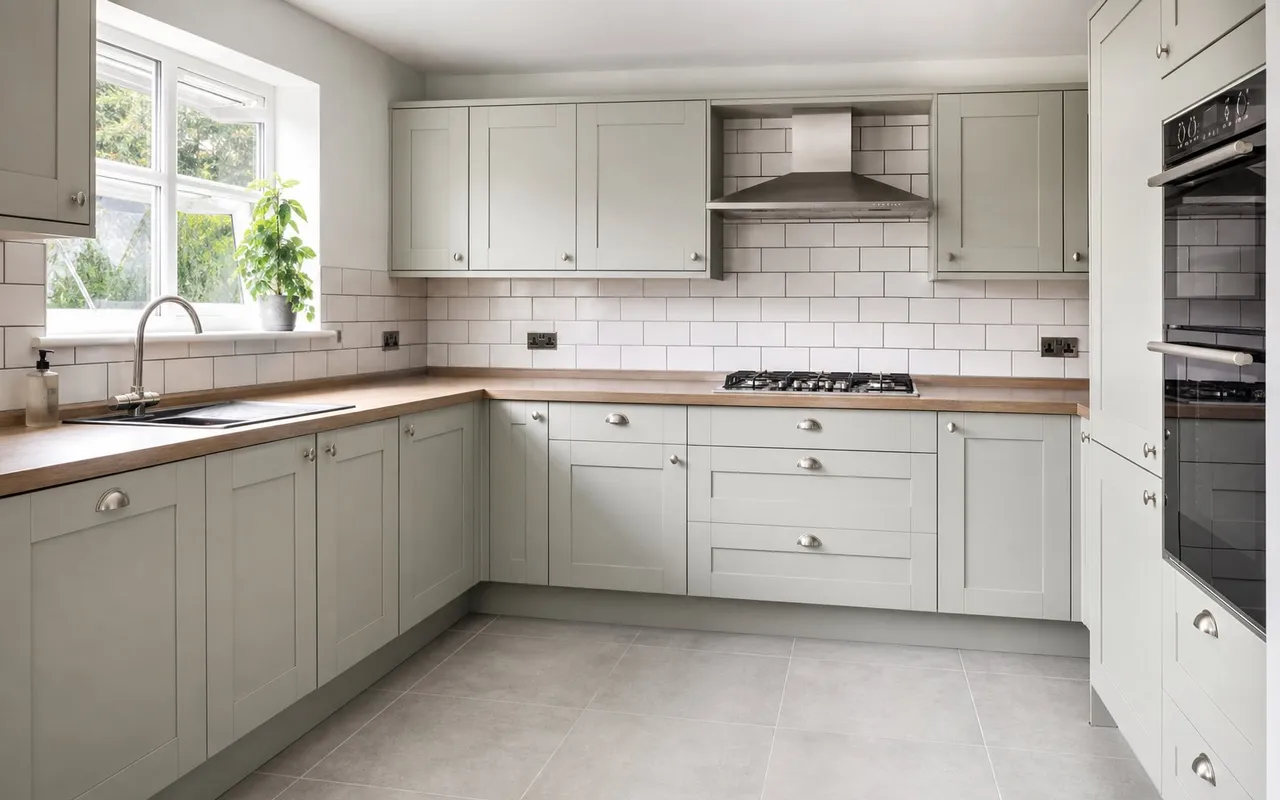 Kitchen after works: new porcelain floor tiles and tiled splashback