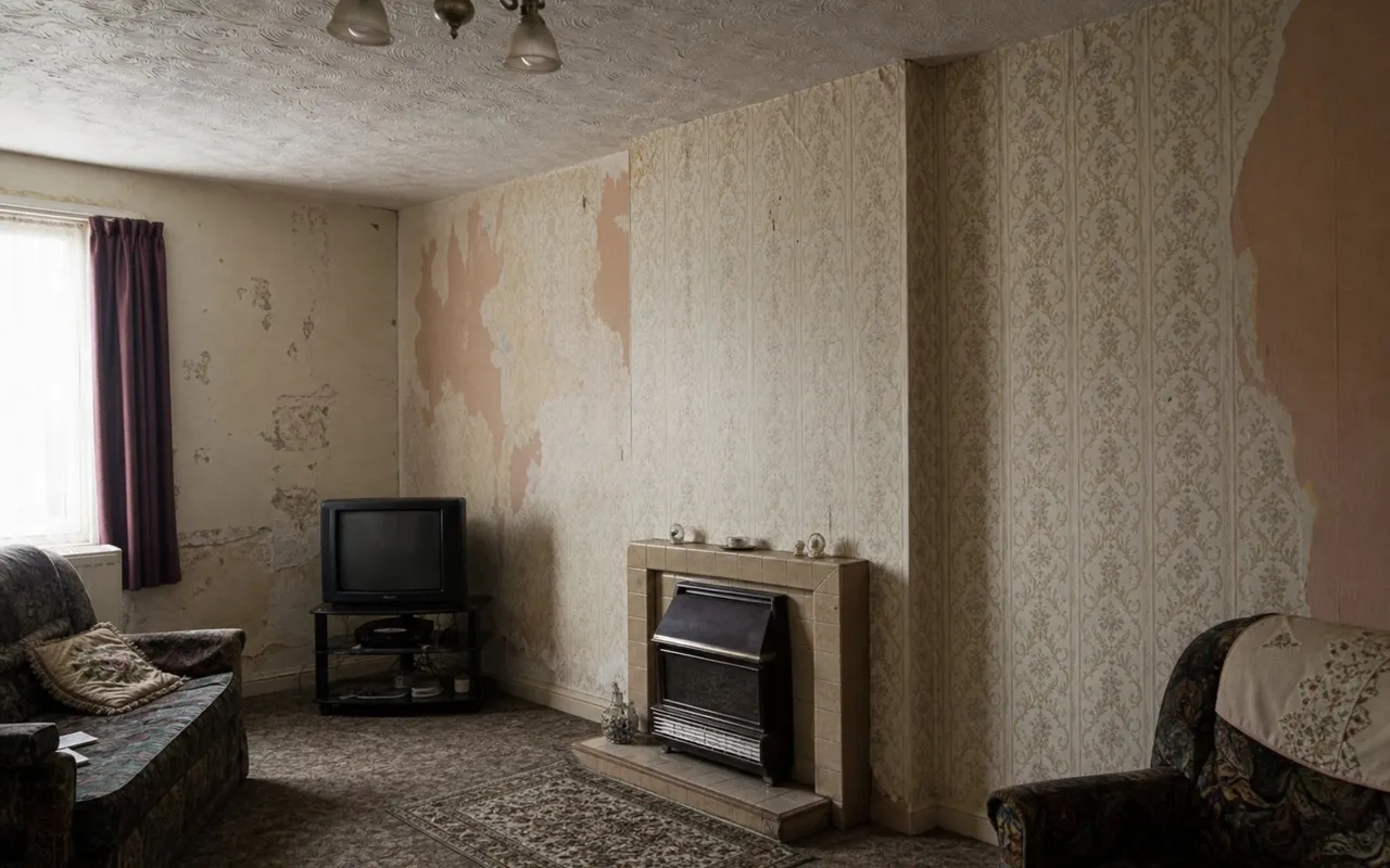 Living room before works: cracked textured walls and dated decoration