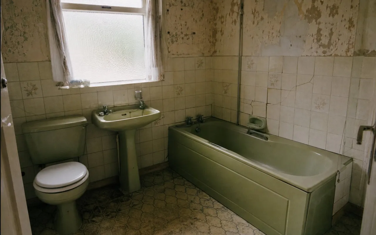 Dated bathroom before refurbishment: old suite, cracked tiles and worn finishes