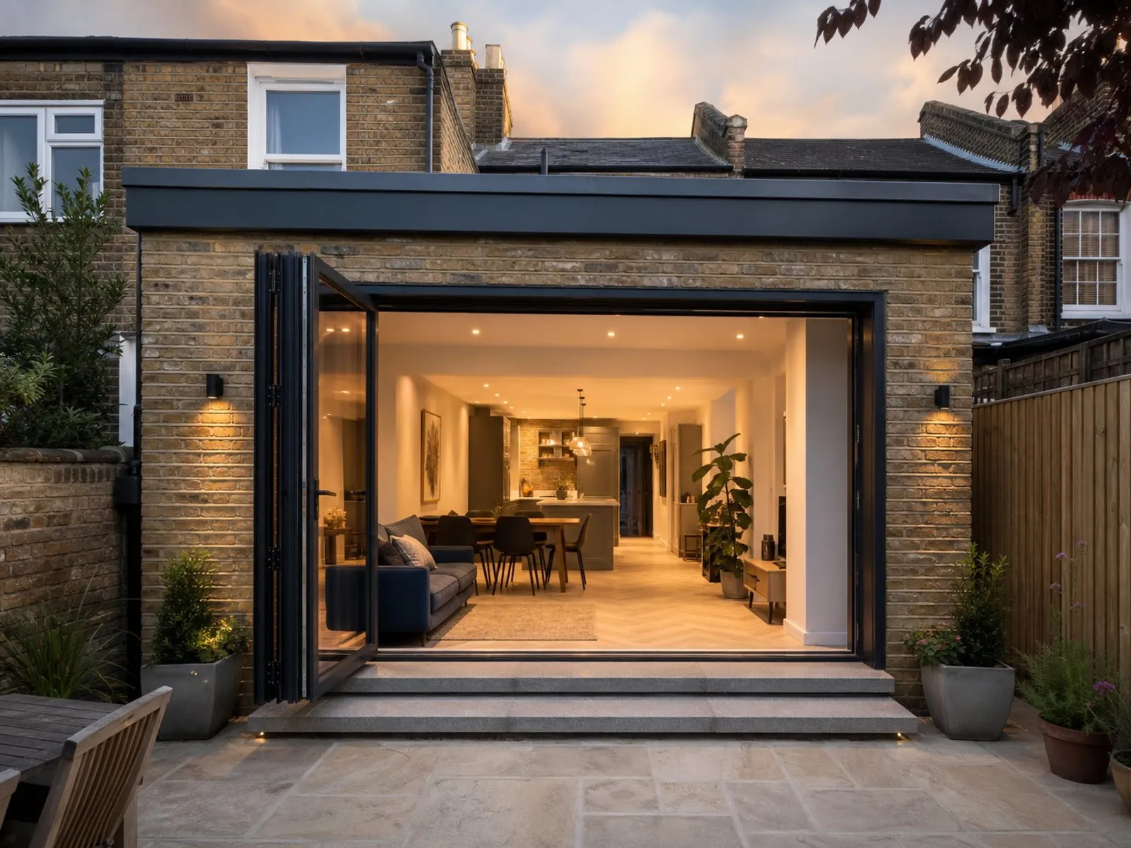 Single-storey rear home extension with flat roof and bi-fold doors onto the garden